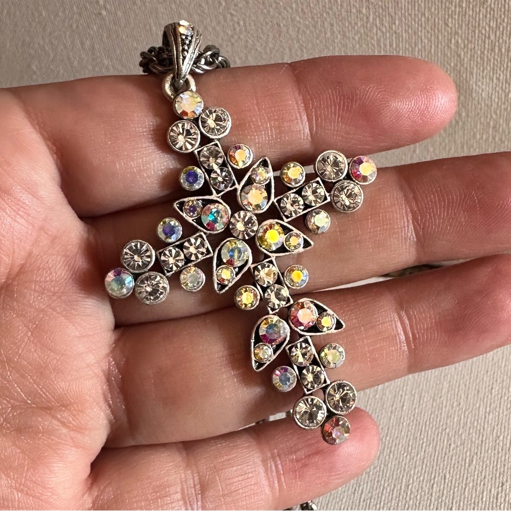 Vintage Aurora Borealis Crystal Cross Pendant Necklace